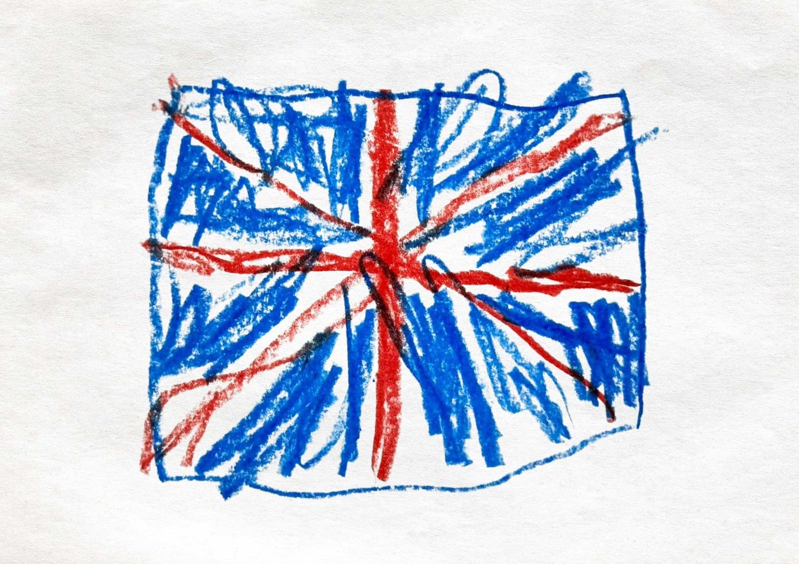 Colorful child's drawing of the UK flag for international kindergarten students.